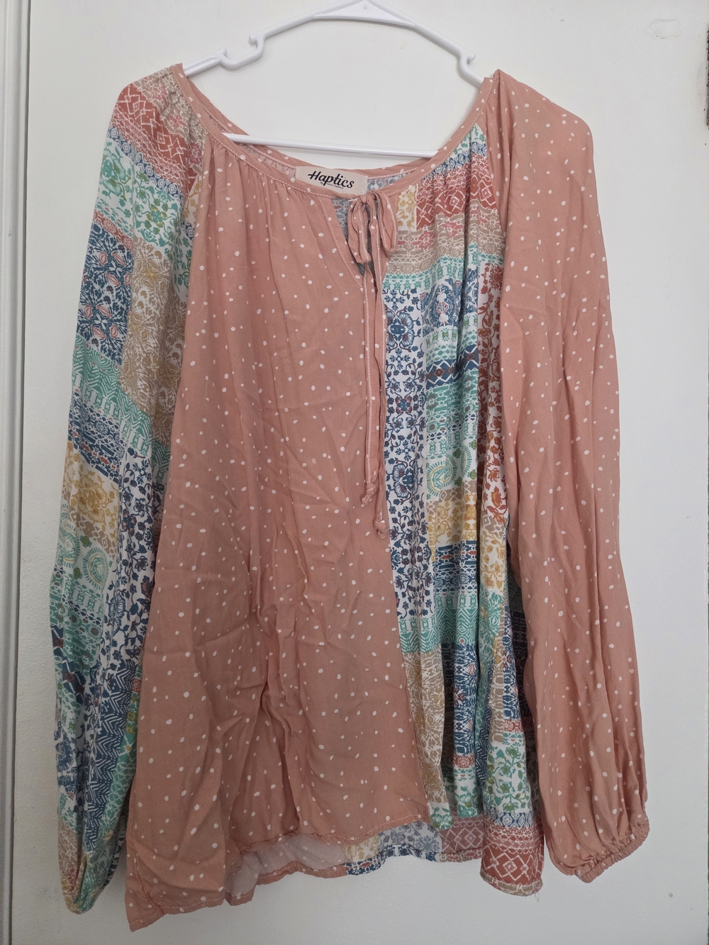 Haptics by Holly Harper Peach Boho Patchwork Long Sleeve Blouse
